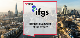 Aerial view of London featuring The Shard and Tower Bridge, with the IFGS logo and text overlay reading “Biggest Buzzword at the event?” — promoting FF News’ on-the-ground coverage of the Innovate Finance Global Summit 2025.