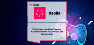 Chris Hewish, President of Xsolla, and Trevor Nies, SVP of Adyen, shaking hands in a business setting with a backdrop of digital world maps.