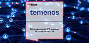 Temenos interim CEO and CFO Takis Spiliopoulos with outgoing CEO Jean-Pierre Brulard and Board Chair Thibault de Tersant during the leadership transition announcement.