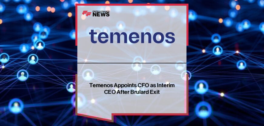 Temenos interim CEO and CFO Takis Spiliopoulos with outgoing CEO Jean-Pierre Brulard and Board Chair Thibault de Tersant during the leadership transition announcement.